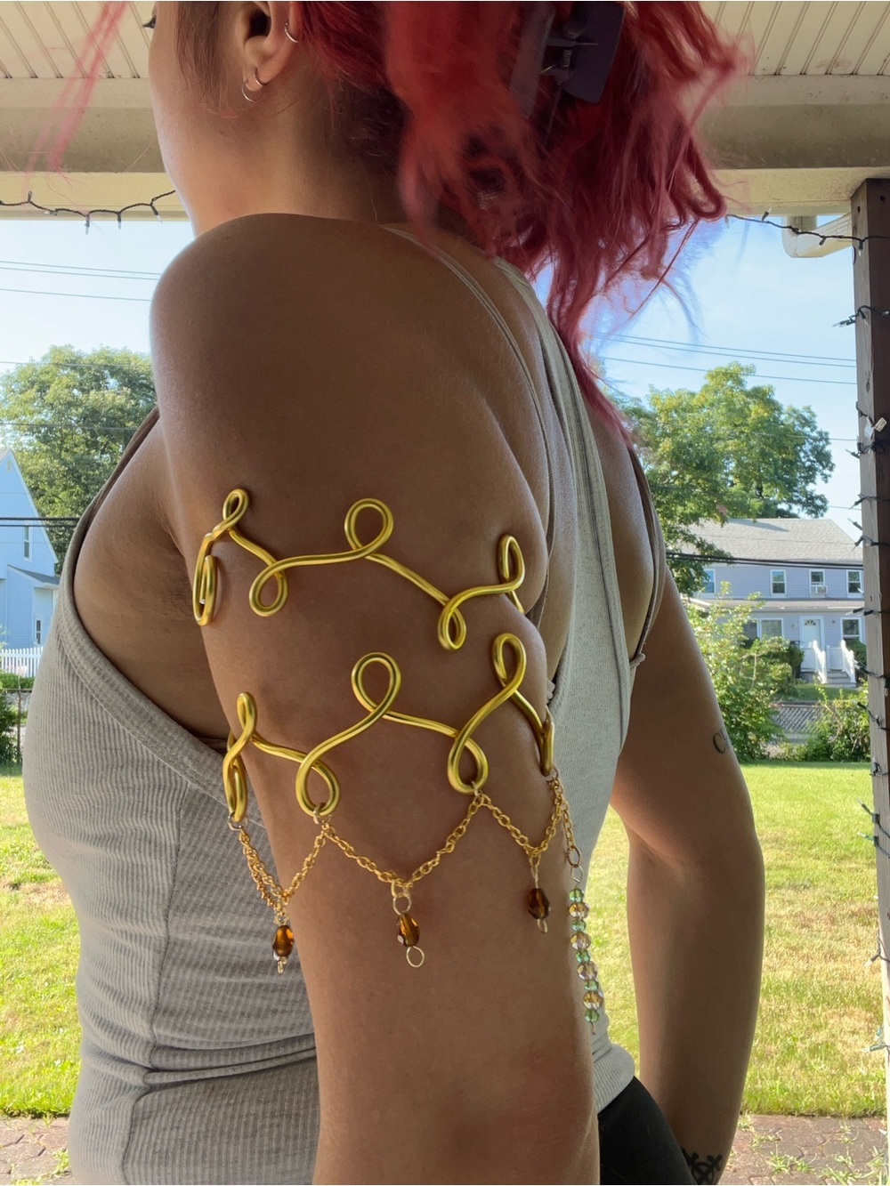 Gold Adjustable Chain Arm Cuff with Amber Beads